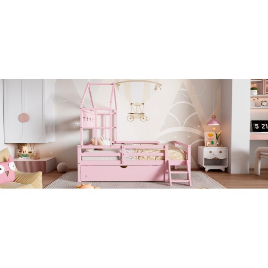 Wood Twin Size House Platform Bed with Guardrail and Drawer, Pink(Expected Arrival Time: 10.7)