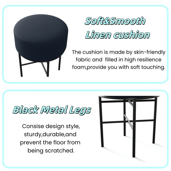 2 pcs Round Cushioned Vanity Stool, Linen Upholstered Vanity Stool for Makeup Room, Modern Soft Stool for Bar and Dining, Ottoman Footrest Stool with Metal Legs for Living Room, Bedroom(Black)