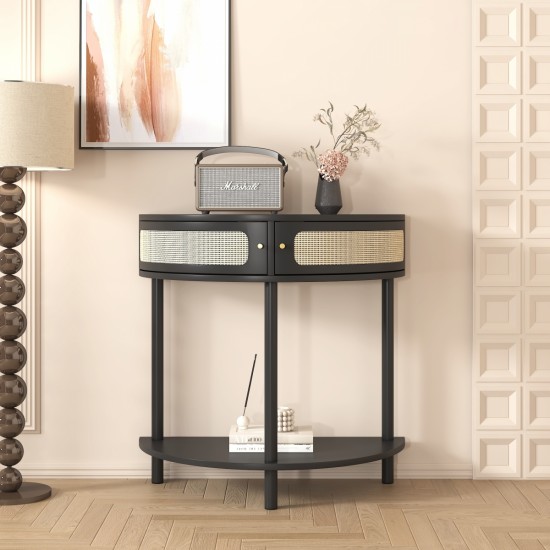 Unique Half Moon Design End Table with Sliding Rattan Door,Elegant Semi-circle Entryway Console Table with 2 Rattan Storage Cabinet and Bottom Shelf for Living room, Bedroom, Study, Hallway