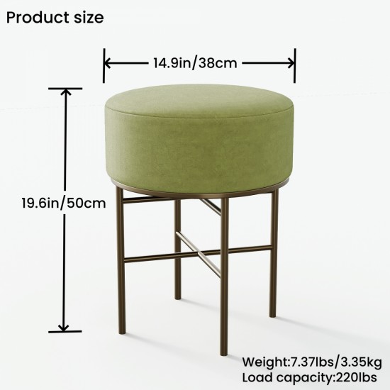 2 pcs Round Cushioned Vanity Stool, Linen Upholstered Vanity Stool for Makeup Room, Modern Soft Stool for Bar and Dining, Ottoman Footrest Stool with Metal Legs for Living Room, Bedroom(Matcha Green)