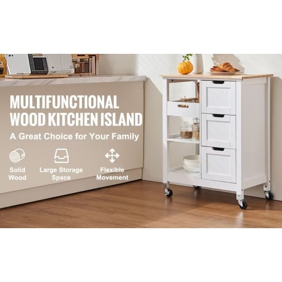 Rolling Portable Small Kitchen Island Cart on Wheels with Solid Wood Top, Dining Room Serving Utility Carts Mobile Movable with 3 Drawers and Storage Shelves Cabinet, White