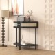 Unique Half Moon Design End Table with Sliding Rattan Door,Elegant Semi-circle Entryway Console Table with 2 Rattan Storage Cabinet and Bottom Shelf for Living room, Bedroom, Study, Hallway