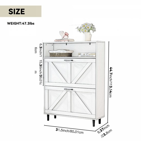 Farmhouse Shoe Storage Cabinet with Barn Door Design, Shoe Organizer with 2 Flip Drawers, Freestanding Narrow Shoe Rack Cabinet with Open Storage for Entryway,Foyer,Hallway,(Antique White)