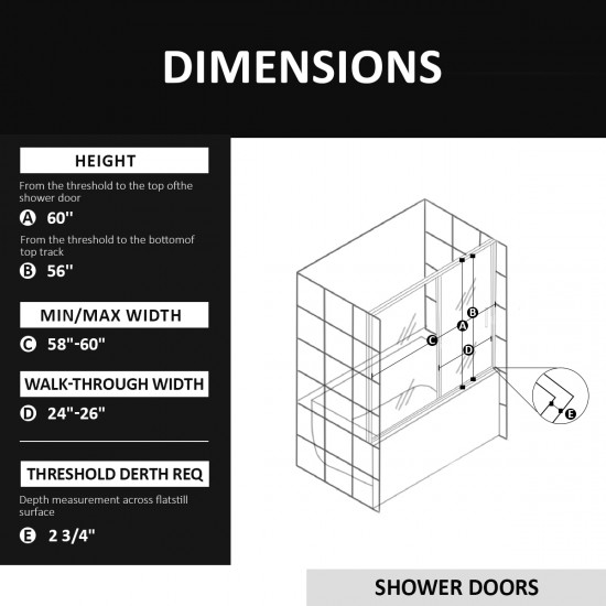 58-60 Inch  W x 60 Inch  H Frameless Sliding Bathtub Door, Tub Shower Door, Bathtub Glass Door, Bathtub Shower Door, 1/4 Inch  (6mm) Certified Clear Tempered Glass, Matte Black