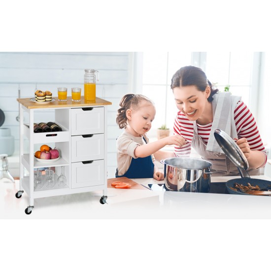 Rolling Portable Small Kitchen Island Cart on Wheels with Solid Wood Top, Dining Room Serving Utility Carts Mobile Movable with 3 Drawers and Storage Shelves Cabinet, White