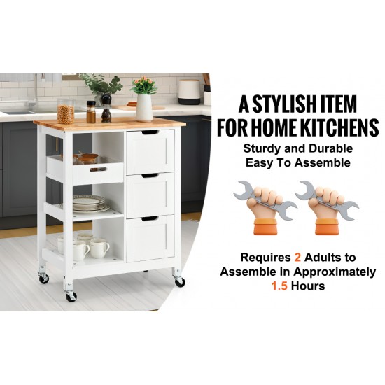 Rolling Portable Small Kitchen Island Cart on Wheels with Solid Wood Top, Dining Room Serving Utility Carts Mobile Movable with 3 Drawers and Storage Shelves Cabinet, White