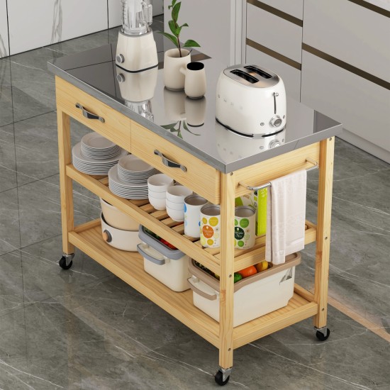 Stainless Steel Countertop Solid Wood Kitchen Cart with Storage Drawers and Shelves, Rotatable Kitchen Island with Steel Table Top and Tower Rack, Rolling Utility Trolley Cart for Kitchen and Dining