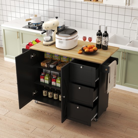 45.4 Inch  Farmhouse Black Rolling Kitchen Cart on Wheels with Storage Cabinet, Mobile Kitchen Island cart with Drop Leaf Top, Spice Rack, Towel Bar, Adjustable Shelf, Drawers and Hooks