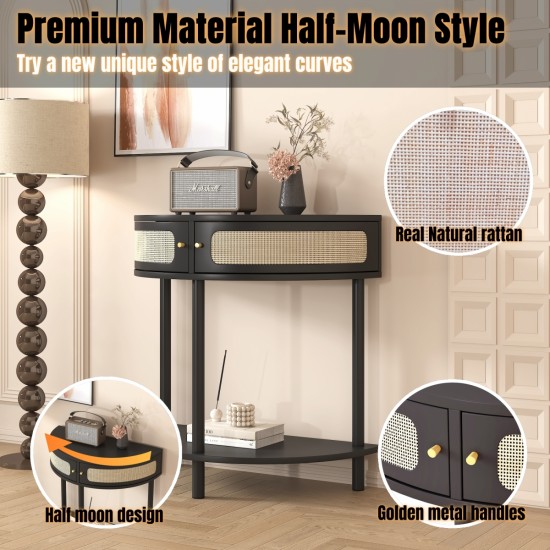 Unique Half Moon Design End Table with Sliding Rattan Door,Elegant Semi-circle Entryway Console Table with 2 Rattan Storage Cabinet and Bottom Shelf for Living room, Bedroom, Study, Hallway