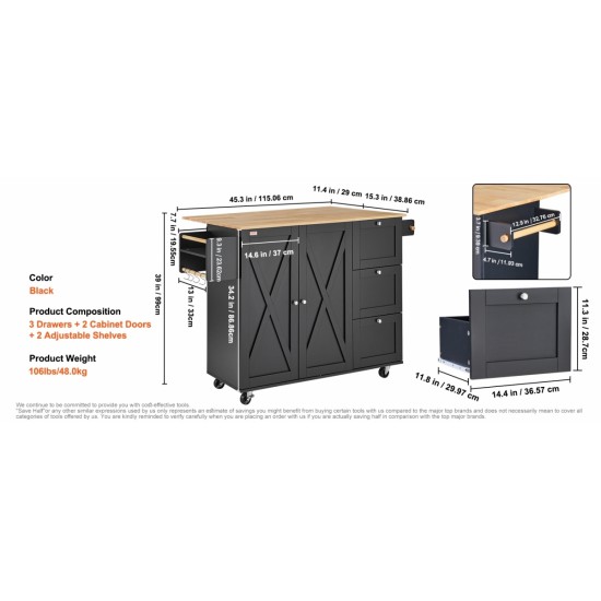 45.4 Inch  Farmhouse Black Rolling Kitchen Cart on Wheels with Storage Cabinet, Mobile Kitchen Island cart with Drop Leaf Top, Spice Rack, Towel Bar, Adjustable Shelf, Drawers and Hooks