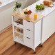 Rolling Portable Small Kitchen Island Cart on Wheels with Solid Wood Top, Dining Room Serving Utility Carts Mobile Movable with 3 Drawers and Storage Shelves Cabinet, White