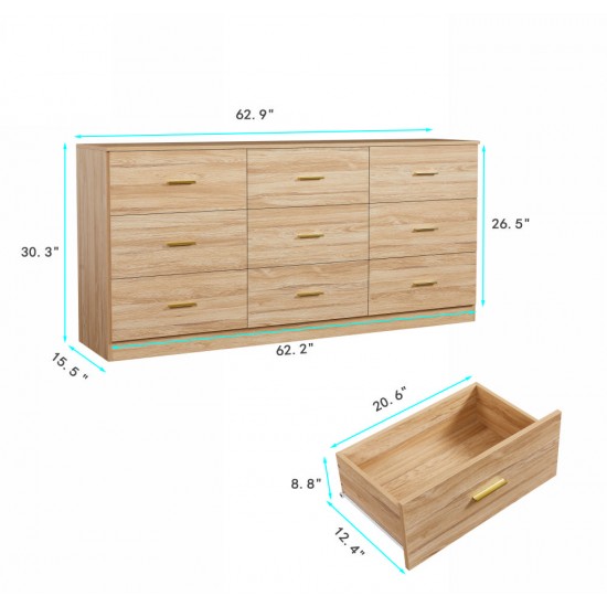 Modern Natural 9-Drawer Dresser for Bedroom - Ample Storage Wide Chest of Drawers, Sturdy & Safe