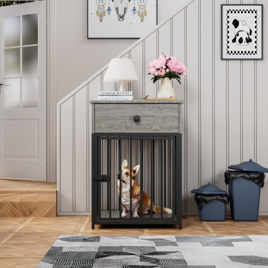 Dog Crate Furniture, Dog House, Decorative Dog Kennel with Drawer, Indoor Pet Crate End Table for Small Dog, Iron-Tube Dog Cage, Chew-Proof