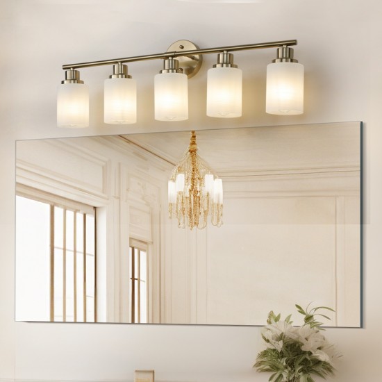 5-Light Golden Bathroom Vanity Light Fixture, Frosted Glass Shades, Modern Wall Mounted Lighting (No Bulbs)