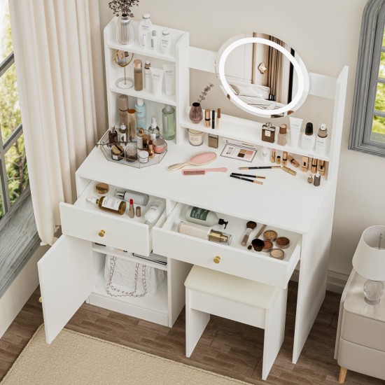 Fashion Vanity Desk with Mirror and Lights for Makeup and Cushioned Chair, Vanity Mirror with Lights and Table Set with 3 Color Lighting Brightness Adjustable,Dressing table,  White Color