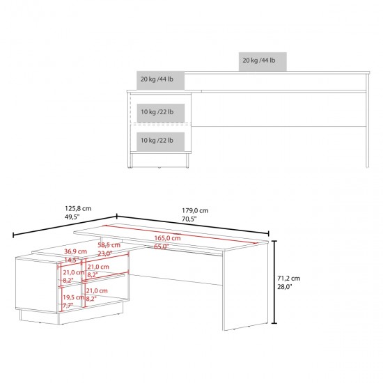 Emery L-Shaped 70 Inch  Wide Desk with One Cabinet and Two Open Shelves