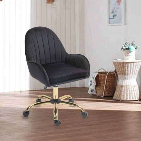 Velvet Home Office Chair with Wheels, Cute Chair with Side Arms and Gold Metal Base for Living Room, Bedroom,and Vanity Room,Bling Desk Nail Desk for Women,Adjustable Height,Black