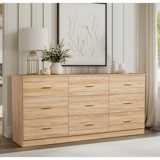 Modern Natural 9-Drawer Dresser for Bedroom - Ample Storage Wide Chest of Drawers, Sturdy & Safe