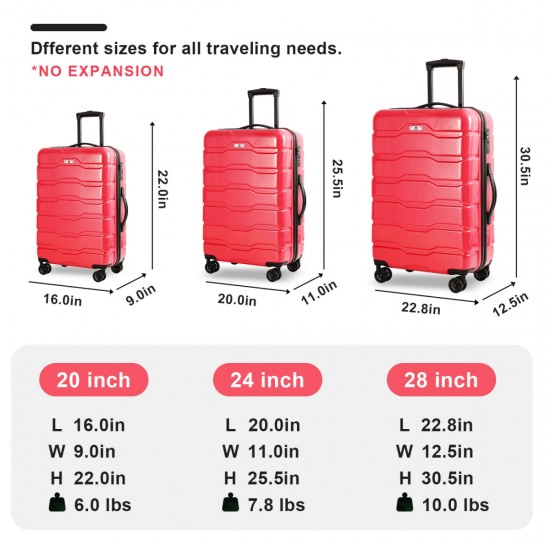 Luggage Sets ABS+PC Hardshell 3pcs Clearance Luggage Hardside Lightweight Durable Suitcase sets Spinner Wheels Suitcase with TSA Lock (20/24/28),Red