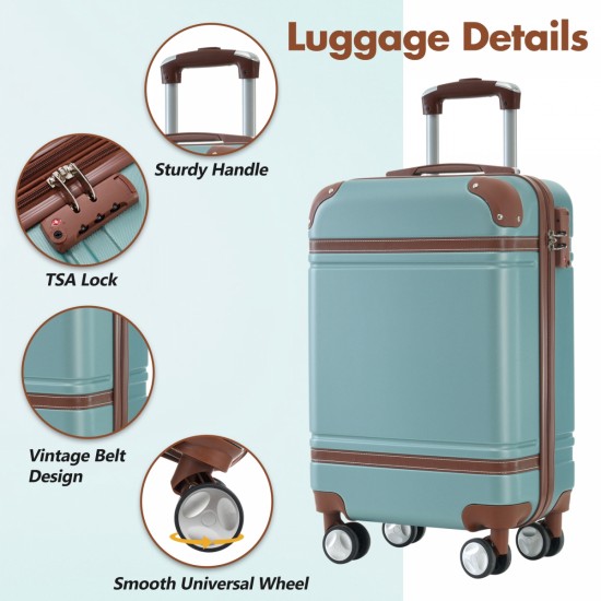 Hardshell Luggage Sets with Bags Carry-on Suitcase Double Spinner Wheels with TSA Lock ,Single Vintage Luggage 20 IN,Green