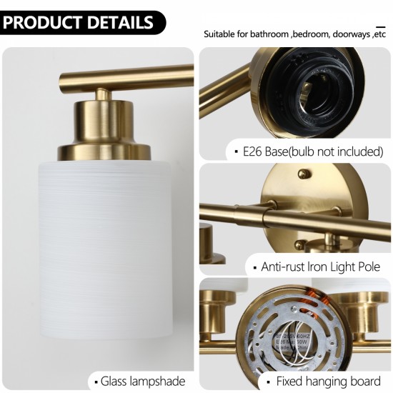 5-Light Golden Bathroom Vanity Light Fixture, Frosted Glass Shades, Modern Wall Mounted Lighting (No Bulbs)