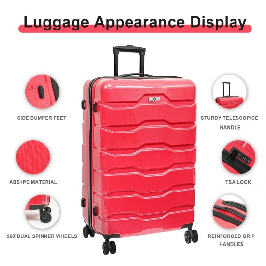 Luggage Sets ABS+PC Hardshell 3pcs Clearance Luggage Hardside Lightweight Durable Suitcase sets Spinner Wheels Suitcase with TSA Lock (20/24/28),Red