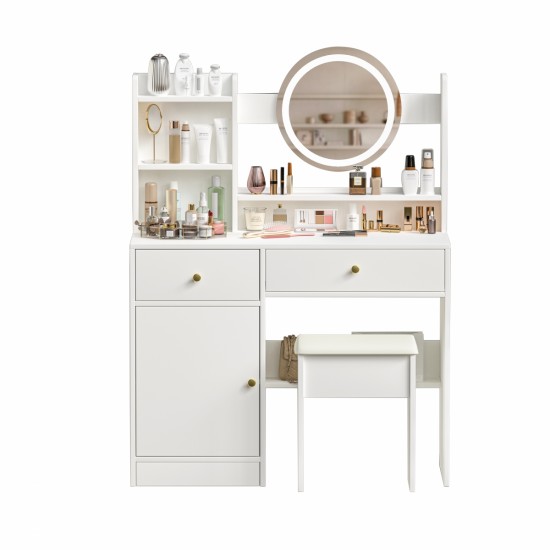 Fashion Vanity Desk with Mirror and Lights for Makeup and Cushioned Chair, Vanity Mirror with Lights and Table Set with 3 Color Lighting Brightness Adjustable,Dressing table,  White Color