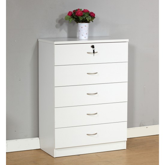 Five drawer chest Metal handles Locking Top drawer Metal Glide rails White Melamine Laminate