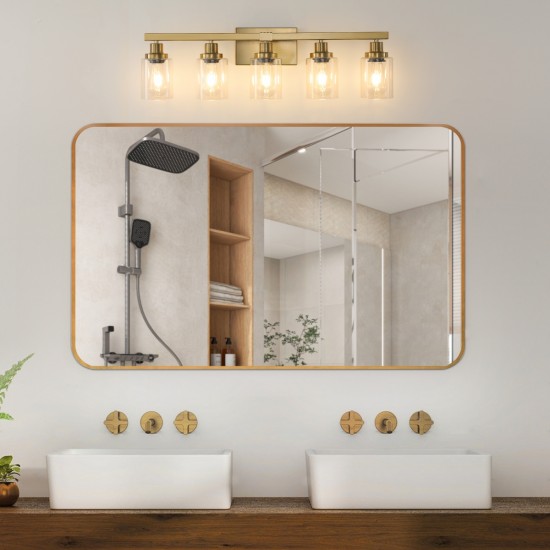 Golden 5-Light Vanity Light with Clear Glass Shades, Modern Iron Metal Bathroom Wall Fixture for Mirror, Ideal for Bathroom and Dressing Table (No Bulbs)