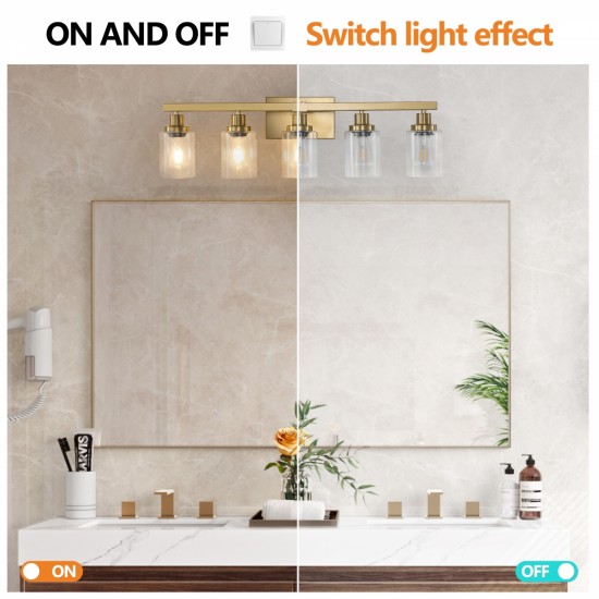 Golden 5-Light Vanity Light with Clear Glass Shades, Modern Iron Metal Bathroom Wall Fixture for Mirror, Ideal for Bathroom and Dressing Table (No Bulbs)