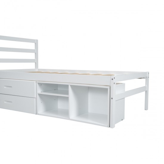 Twin Size Wood Platform Bed with Removable Storage Shelves, Built-in Two Storage Drawers for Added Convenience, White