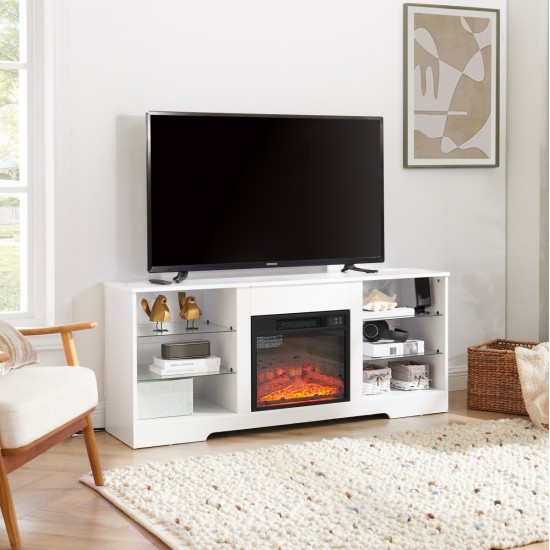 TV Stand Electric Fireplace  Glass Shelves, 3D Fireplace TV Stand with LED Lights Wood with USB Charging Outlet Modern Television Table Center for TV up to 60 Inch  White, 58''W*15.5''D*24.4