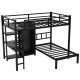 Metal Full XL over Twin Bunk Bed with Desk,Bookshelf ,Storage Shelves and Wardrobe,Black