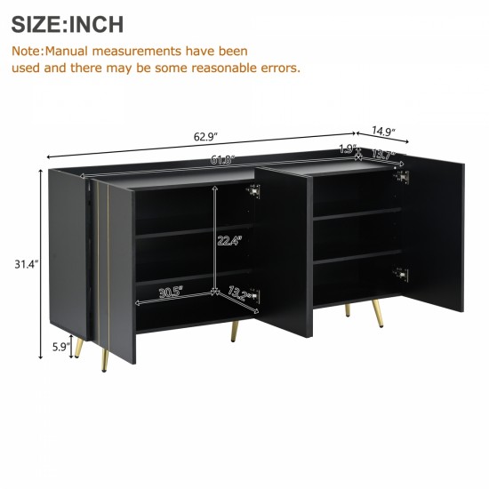 ON-TREND Luxurious Shoe Cabinet with 5 Metal Legs, Modern TV Stand with 4 Adjustable Shelves for TVs Up to 70 Inch , Minimalist Sideboard Cabinet with Gold Lines Doors for Living Room,62.9 Inch x 31.4 Inch ,Black