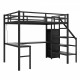 Full Size Loft Bed with L-shaped Desk and USB, Metal Loft Bed with Wardrobe and Adjustable Shelf, High Loft Bed with LED for Kids Teens Adults, Black