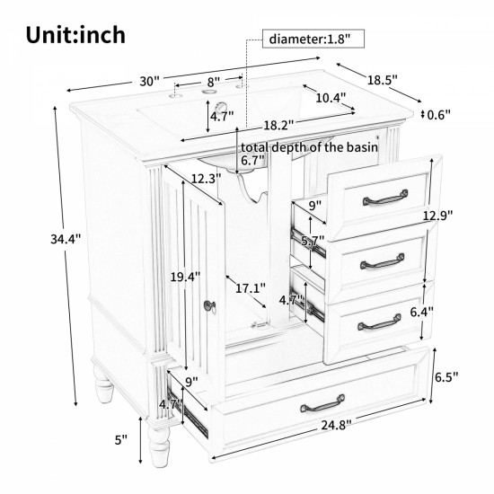 30 Inch  Bathroom Vanity with Sink, Bathroom Cabinet with A Door, Three Drawers, Solid Wood Legs & MDF Board, Adiustable Foot Pads, White