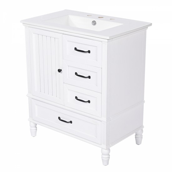 30 Inch  Bathroom Vanity with Sink, Bathroom Cabinet with A Door, Three Drawers, Solid Wood Legs & MDF Board, Adiustable Foot Pads, White