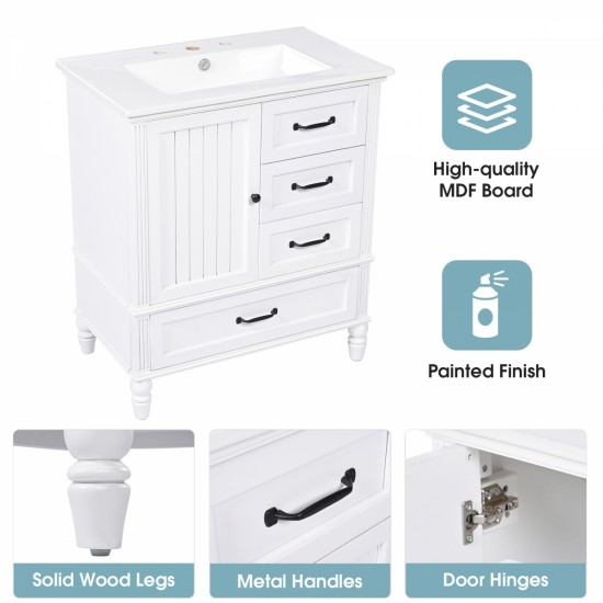 30 Inch  Bathroom Vanity with Sink, Bathroom Cabinet with A Door, Three Drawers, Solid Wood Legs & MDF Board, Adiustable Foot Pads, White