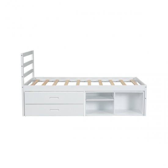 Twin Size Wood Platform Bed with Removable Storage Shelves, Built-in Two Storage Drawers for Added Convenience, White