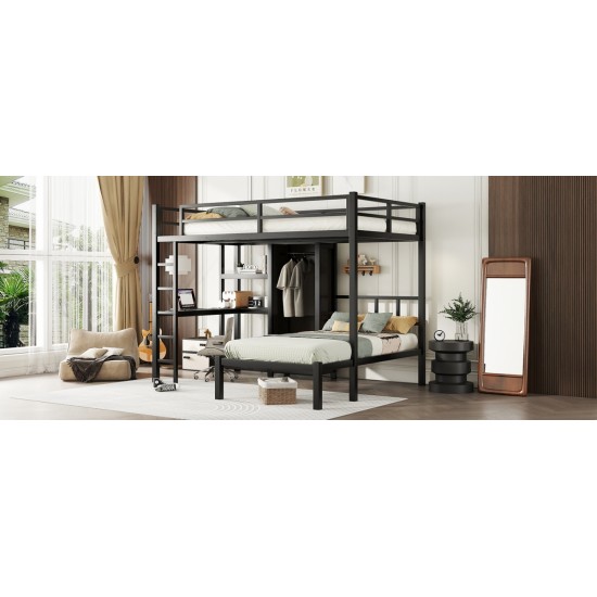 Metal Full XL over Twin Bunk Bed with Desk,Bookshelf ,Storage Shelves and Wardrobe,Black