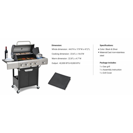 Propane Grill 4 Burner Barbecue Grill Stainless Steel Gas Grill with Side Burner and Cover for Outdoor BBQ, Camping