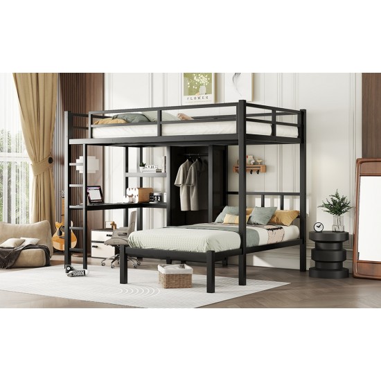 Metal Full XL over Twin Bunk Bed with Desk,Bookshelf ,Storage Shelves and Wardrobe,Black