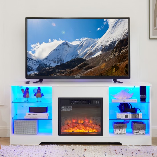 TV Stand Electric Fireplace  Glass Shelves, 3D Fireplace TV Stand with LED Lights Wood with USB Charging Outlet Modern Television Table Center for TV up to 60 Inch  White, 58''W*15.5''D*24.4