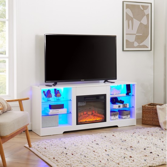 TV Stand Electric Fireplace  Glass Shelves, 3D Fireplace TV Stand with LED Lights Wood with USB Charging Outlet Modern Television Table Center for TV up to 60 Inch  White, 58''W*15.5''D*24.4