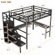 Full Size Loft Bed with L-shaped Desk and USB, Metal Loft Bed with Wardrobe and Adjustable Shelf, High Loft Bed with LED for Kids Teens Adults, Black