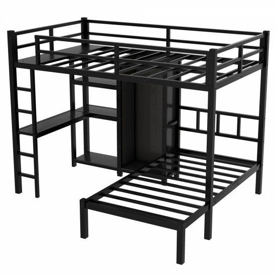 Metal Full XL over Twin Bunk Bed with Desk,Bookshelf ,Storage Shelves and Wardrobe,Black