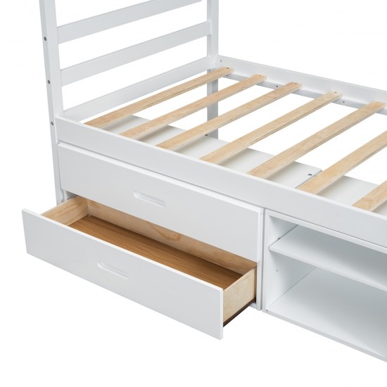 Twin Size Wood Platform Bed with Removable Storage Shelves, Built-in Two Storage Drawers for Added Convenience, White