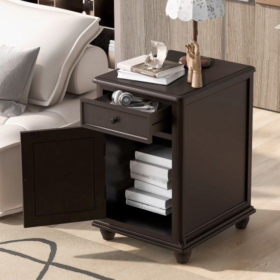 U-Can End Table with Solid Wood Legs, Side Table with USB Ports, 1 Storage Cabinet and 1 Drawer for Living Room, Antique Espresso