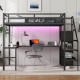 Full Size Loft Bed with L-shaped Desk and USB, Metal Loft Bed with Wardrobe and Adjustable Shelf, High Loft Bed with LED for Kids Teens Adults, Black