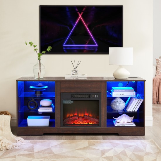 TV Stand Electric Fireplace  Glass Shelves, 3D Fireplace TV Stand with LED Lights Wood with USB Charging Outlet Modern Television Table Center for TV up to 60 Inch  ESP, 58''W*15.5''D*24.4